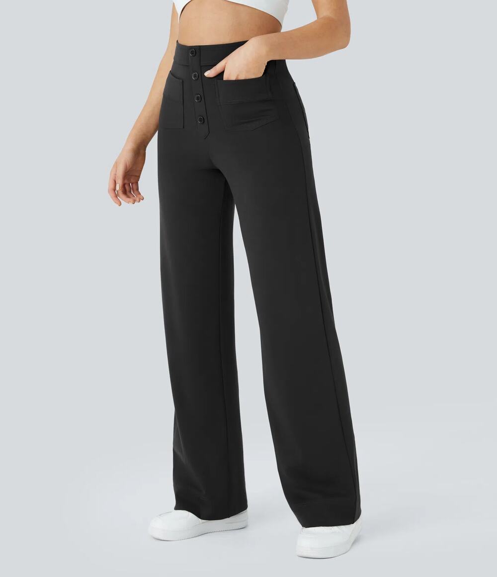 Halara High Waisted Pull On Retro Button Breathable Casual Pants Black L Petite